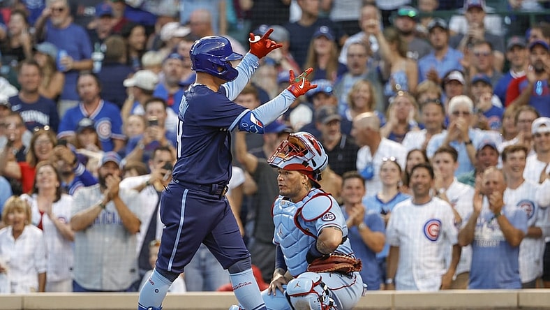 Jun 12, 2021; Chicago, Illinois, USA; Chicago Cubs left fielder Joc Pederson (24) celebrates after hitting a solo home run against the St. Louis Cardinals during the fourth inning at Wrigley Field. Mandatory Credit: Kamil Krzaczynski-USA TODAY Sports
