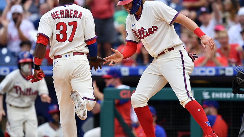 Jun 13, 2021; Philadelphia, Pennsylvania, USA; Philadelphia Phillies infielder Alec Bohm (28) celebrates as outfielder Odubel Herrera (37) crosses the plate to score in the second inning against the New York Yankees at Citizens Bank Park. Mandatory Credit: Kyle Ross-USA TODAY Sports