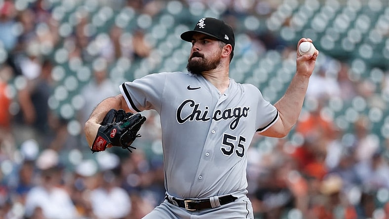 Jun 13, 2021; Detroit, Michigan, USA; Chicago White Sox starting pitcher Carlos Rodon (55) pitches in the third inning against the Detroit Tigers at Comerica Park. Mandatory Credit: Rick Osentoski-USA TODAY Sports