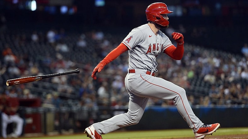 Jun 13, 2021; Phoenix, Arizona, USA; Los Angeles Angels first baseman Jared Walsh (20) hits an RBI double against the Arizona Diamondbacks during the second inning at Chase Field. Mandatory Credit: Joe Camporeale-USA TODAY Sports