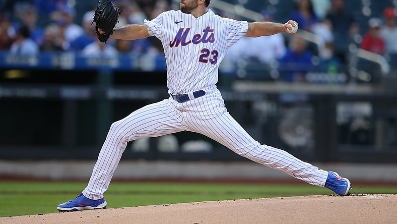 Jun 14, 2021; New York City, New York, USA; New York Mets starting pitcher David Peterson (23) pitches against the Chicago Cubs during the first inning at Citi Field. Mandatory Credit: Brad Penner-USA TODAY Sports