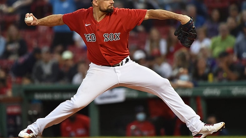 Jun 14, 2021; Boston, Massachusetts, USA;  Boston Red Sox starting pitcher Nathan Eovaldi (17) pitches during the third inning against the Toronto Blue Jays at Fenway Park. Mandatory Credit: Bob DeChiara-USA TODAY Sports