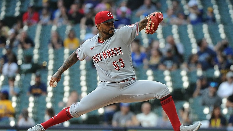 Jun 14, 2021; Milwaukee, Wisconsin, USA;  Cincinnati Reds starting pitcher Vladimir Gutierrez (53) delivers a pitch against the Milwaukee Brewers in the first inning at American Family Field. Mandatory Credit: Michael McLoone-USA TODAY Sports