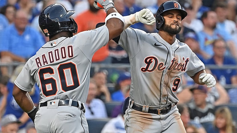 Jun 14, 2021; Kansas City, Missouri, USA; Detroit Tigers second baseman Willi Castro (9) celebrates with center fielder Akil Baddoo (60) after hitting a two run home run during the fourth inning against the Kansas City Royals at Kauffman Stadium. Mandatory Credit: Peter Aiken-USA TODAY Sports