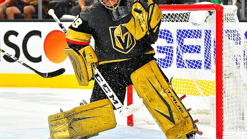 Jun 14, 2021; Las Vegas, Nevada, USA; Vegas Golden Knights goaltender Marc-Andre Fleury (29) gloves a third period shot by the Montreal Canadiens in game one of the 2021 Stanley Cup Semifinals at T-Mobile Arena. Mandatory Credit: Stephen R. Sylvanie-USA TODAY Sports