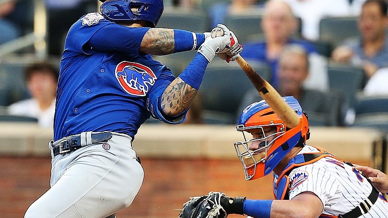 Jun 15, 2021; New York City, New York, USA; Chicago Cubs shortstop Javier Baez (9) hits a two run home run against the New York Mets during the third inning at Citi Field. Mandatory Credit: Andy Marlin-USA TODAY Sports
