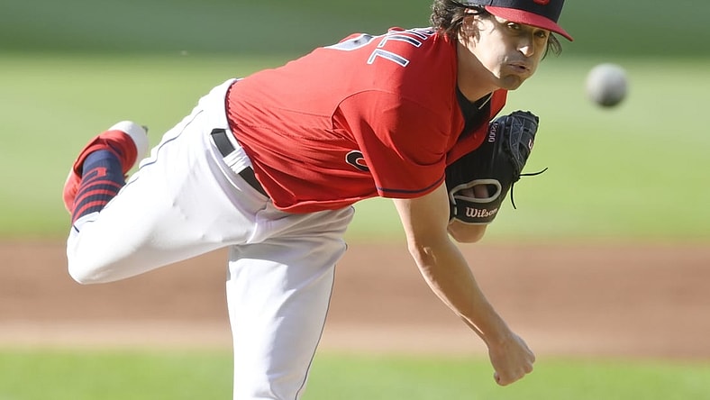 Jun 15, 2021; Cleveland, Ohio, USA; Cleveland Indians starting pitcher Cal Quantrill (47) delivers a pitch in the first inning against the Baltimore Orioles at Progressive Field. Mandatory Credit: David Richard-USA TODAY Sports