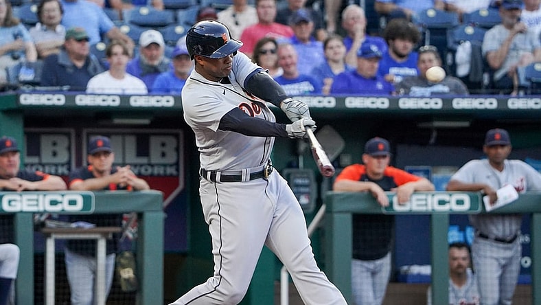 Jun 15, 2021; Kansas City, Missouri, USA; Detroit Tigers first baseman Jonathan Schoop (7) hits a two run home run in the third inning against the Kansas City Royals at Kauffman Stadium. Mandatory Credit: Denny Medley-USA TODAY Sports