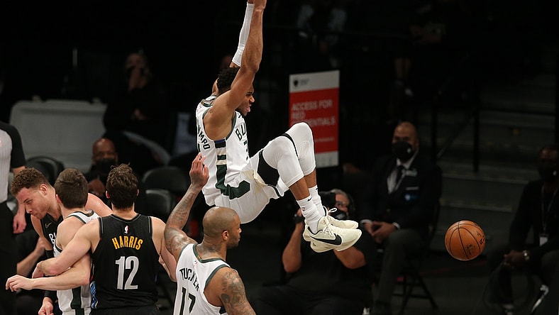 Jun 15, 2021; Brooklyn, New York, USA; Milwaukee Bucks power forward Giannis Antetokounmpo (34) dunks against the Brooklyn Nets during the third quarter of game five of the second round of the 2021 NBA Playoffs at Barclays Center. Mandatory Credit: Brad Penner-USA TODAY Sports