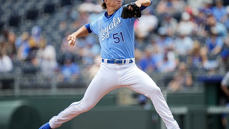 Jun 16, 2021; Kansas City, Missouri, USA; Kansas City Royals starting pitcher Brady Singer (51) pitches against the Detroit Tigers during the first inning at Kauffman Stadium. Mandatory Credit: Jay Biggerstaff-USA TODAY Sports