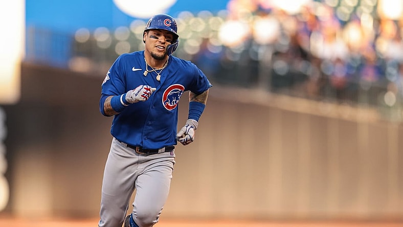 Jun 17, 2021; New York City, New York, USA;  Chicago Cubs shortstop Javier Baez (9) rounds the baes after hitting a two-run home run during the first inning against the New York Mets at Citi Field. Mandatory Credit: Vincent Carchietta-USA TODAY Sports