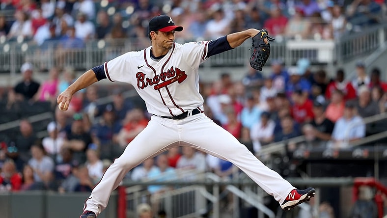 Jun 17, 2021; Atlanta, Georgia, USA; Atlanta Braves starting pitcher Charlie Morton (50) delivers a pitch against a St. Louis Cardinals batter during the first inning at Truist Park. Mandatory Credit: Jason Getz-USA TODAY Sports