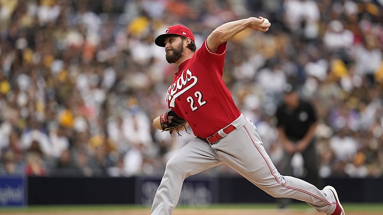 Jun 17, 2021; San Diego, California, USA;  Cincinnati Reds starting pitcher Wade Miley (22) pitches to the San Diego Padres during the first inning at Petco Park. Mandatory Credit: Ray Acevedo-USA TODAY Sports