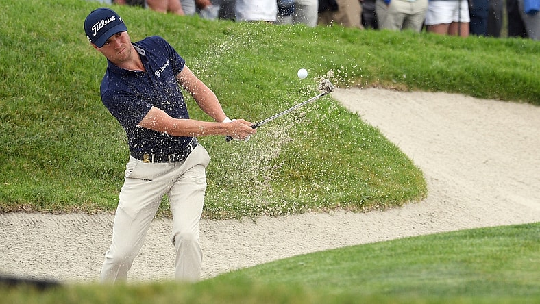 Jun 18, 2021; San Diego, California, USA; Justin Thomas plays a shot from a bunker on the 18th hole during the second round of the U.S. Open golf tournament at Torrey Pines Golf Course. Mandatory Credit: Orlando Ramirez-USA TODAY Sports
