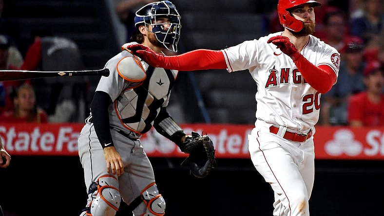 Jun 18, 2021; Anaheim, California, USA; Los Angeles Angels first baseman Jared Walsh (20) hits a two run home run during the fifth inningagainst the Detroit Tigers at Angel Stadium. Mandatory Credit: Richard Mackson-USA TODAY Sports