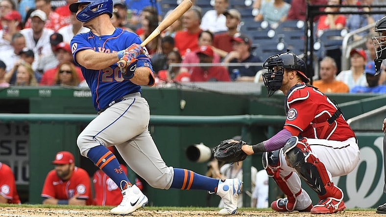 Jun 19, 2021; Washington, District of Columbia, USA; New York Mets first baseman Pete Alonso (20) hits a single against the Washington Nationals during the fourth inning at Nationals Park. Mandatory Credit: Brad Mills-USA TODAY Sports