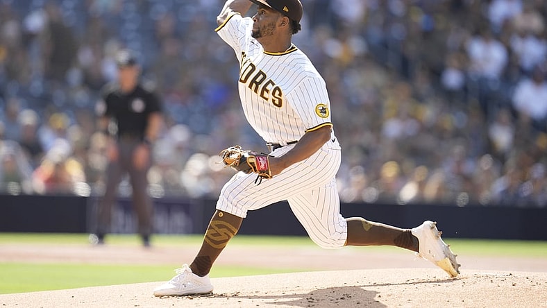 Jun 19, 2021; San Diego, California, USA;  San Diego Padres relief pitcher Miguel Diaz (37) pitching against the Cincinnati Reds during the first inning at Petco Park.  Mandatory Credit: Ray Acevedo-USA TODAY Sports