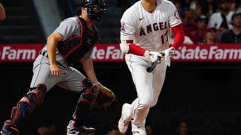 Jun 19, 2021; Anaheim, California, USA; Los Angeles Angels designated hitter Shohei Ohtani (17) grounds out in the fifth inning against the Detroit Tigers at Angel Stadium. Mandatory Credit: Robert Hanashiro-USA TODAY Sports