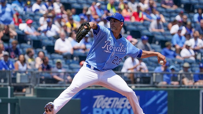 Jun 20, 2021; Kansas City, Missouri, USA; Kansas City Royals starting pitcher Mike Minor (23) delivers a pitch during the first inning against the Boston Red Sox at Kauffman Stadium. Mandatory Credit: Denny Medley-USA TODAY Sports