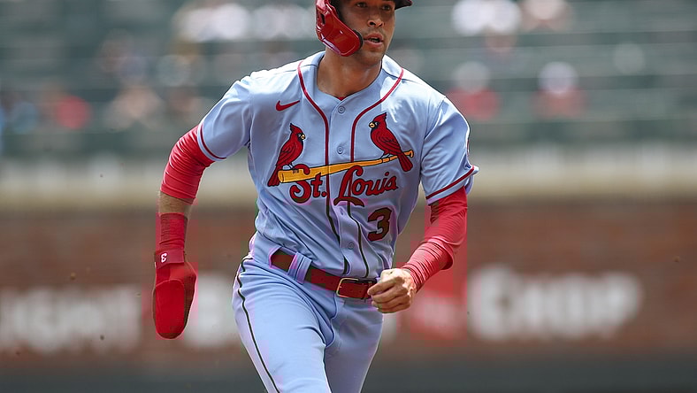 Jun 20, 2021; Atlanta, Georgia, USA; St. Louis Cardinals left fielder Dylan Carlson (3) runs to third against the Atlanta Braves in the third inning at Truist Park. Mandatory Credit: Brett Davis-USA TODAY Sports