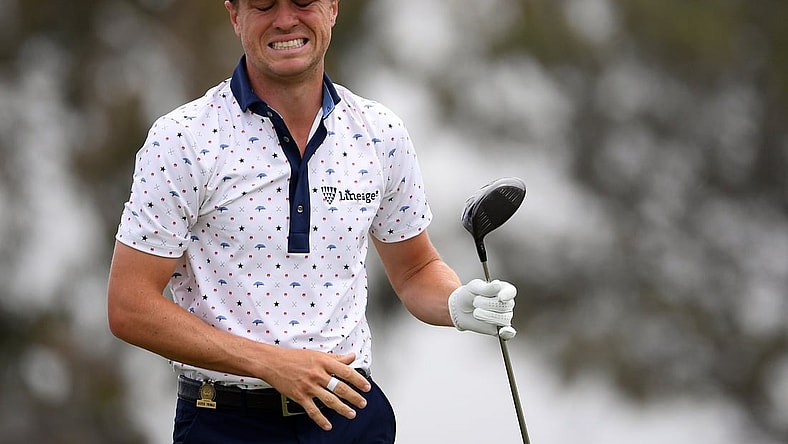 Jun 20, 2021; San Diego, California, USA; Justin Thomas reacts to his shot from the second tee during the final round of the U.S. Open golf tournament at Torrey Pines Golf Course. Mandatory Credit: Orlando Ramirez-USA TODAY Sports