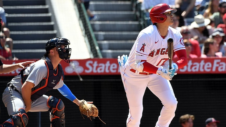 Jun 20, 2021; Anaheim, California, USA; Los Angeles Angels designated hitter Shohei Ohtani (17) hits a two run home run against the Detroit Tigers during the fifth inning at Angel Stadium. Mandatory Credit: Richard Mackson-USA TODAY Sports