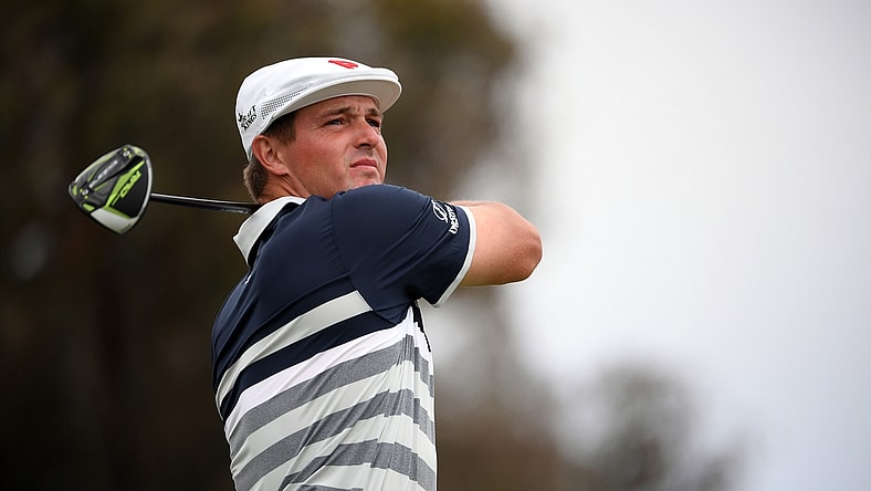 Jun 20, 2021; San Diego, California, USA; Bryson DeChambeau plays his shot from the 12th tee during the final round of the U.S. Open golf tournament at Torrey Pines Golf Course. Mandatory Credit: Orlando Ramirez-USA TODAY Sports