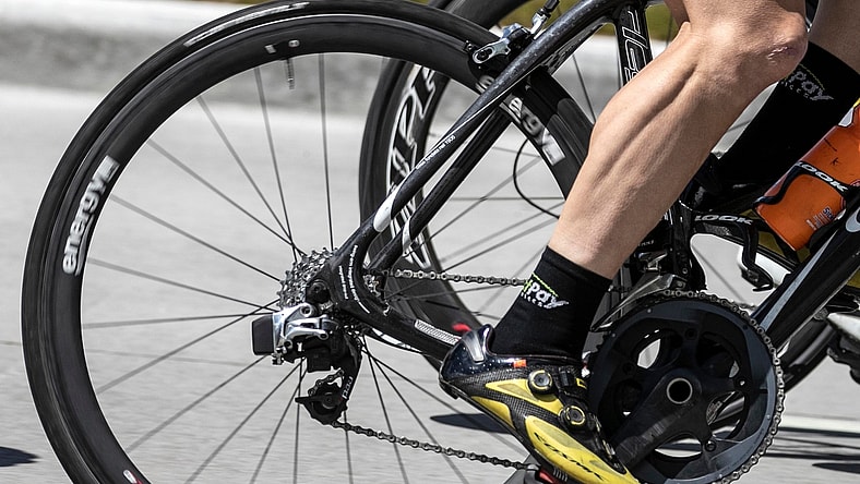 The muscles of a biker's leg powers the pedals during the Tour of America's Dairyland, Monday, June 21, 2021, in Manitowoc, Wis.

Man 062121 Tour Of Americas Dairyland Gck 009