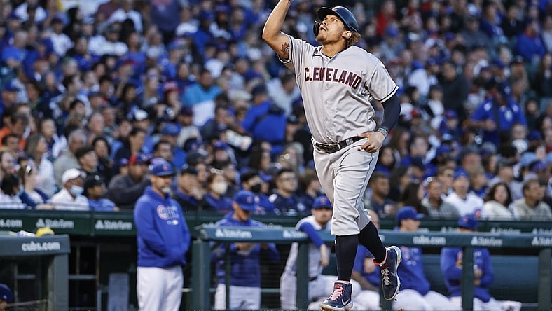 Jun 21, 2021; Chicago, Illinois, USA; Cleveland Indians left fielder Josh Naylor (22) rounds the bases after hitting a two-run home run against the Chicago Cubs during the fifth inning at Wrigley Field. Mandatory Credit: Kamil Krzaczynski-USA TODAY Sports