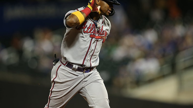 Jun 21, 2021; New York City, New York, USA; Atlanta Braves right fielder Ronald Acuna Jr. (13) gestures as he rounds the bases after hitting a solo home run against the New York Mets during the fifth inning at Citi Field. Mandatory Credit: Brad Penner-USA TODAY Sports