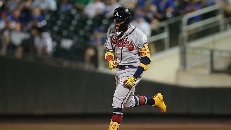 Jun 21, 2021; New York City, New York, USA; Atlanta Braves right fielder Ronald Acuna Jr. (13) reacts as he rounds the bases after hitting a solo home run against the New York Mets during the fifth inning at Citi Field. Mandatory Credit: Brad Penner-USA TODAY Sports