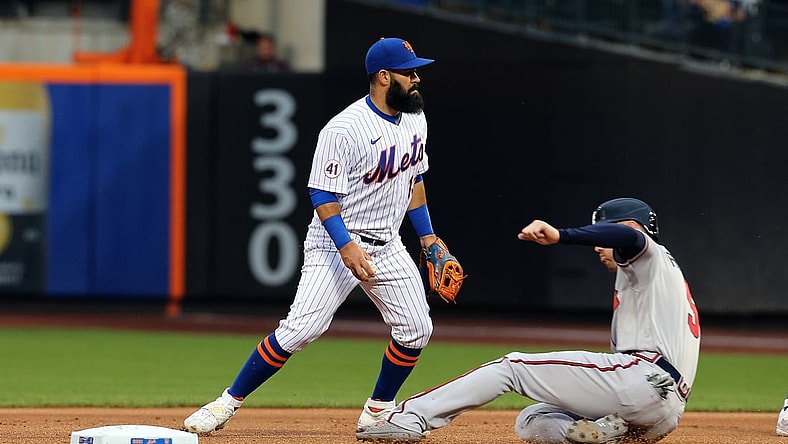 Jun 22, 2021; New York City, New York, USA; Atlanta Braves first baseman Freddie Freeman (5) forced out at second base against the New York Mets during the first inning at Citi Field. Mandatory Credit: Andy Marlin-USA TODAY Sports