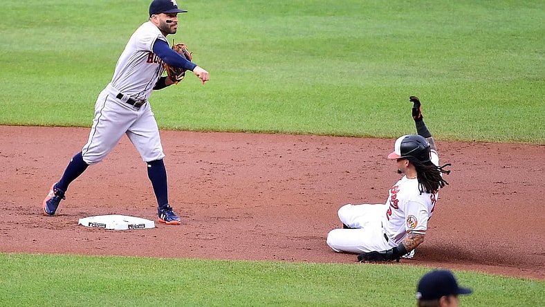 Jun 22, 2021; Baltimore, Maryland, USA; Houston Astros second baseman Jose Altuve (27) turns a double play over Baltimore Orioles shortstop Freddy Galvis (2) in the first inning at Oriole Park at Camden Yards. Mandatory Credit: Evan Habeeb-USA TODAY Sports