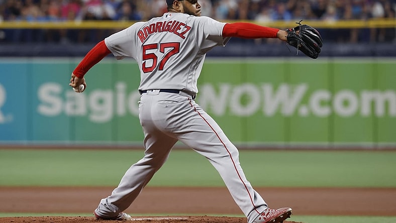 Jun 22, 2021; St. Petersburg, Florida, USA; Boston Red Sox starting pitcher Eduardo Rodriguez (57) throws a pitch against the Tampa Bay Rays during the first inning at Tropicana Field. Mandatory Credit: Kim Klement-USA TODAY Sports