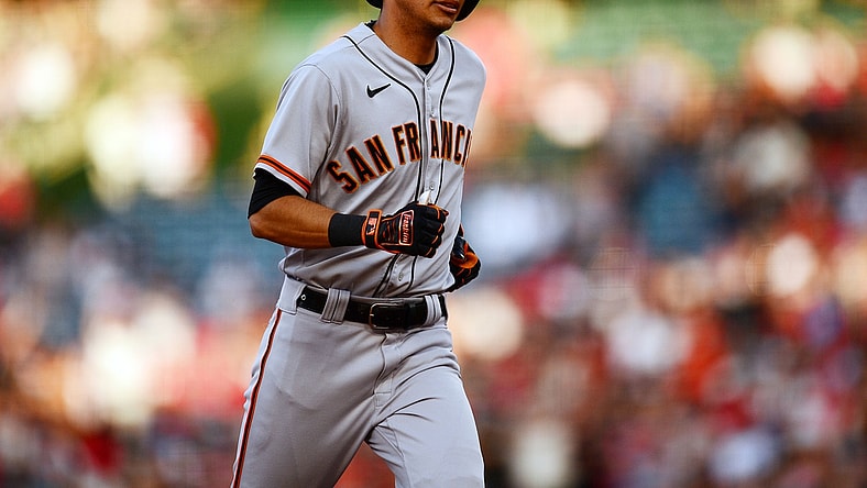 Jun 22, 2021; Anaheim, California, USA; San Francisco Giants center fielder Mauricio Dubon (1) rounds the bases after hitting a solo home run against the Los Angeles Angels during the second inning at Angel Stadium. Mandatory Credit: Gary A. Vasquez-USA TODAY Sports