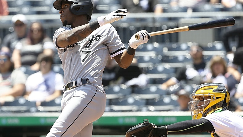 Jun 23, 2021; Pittsburgh, Pennsylvania, USA;  Chicago White Sox shortstop Tim Anderson (7) hits an RBI double against the Pittsburgh Pirates during the second inning at PNC Park. Mandatory Credit: Charles LeClaire-USA TODAY Sports