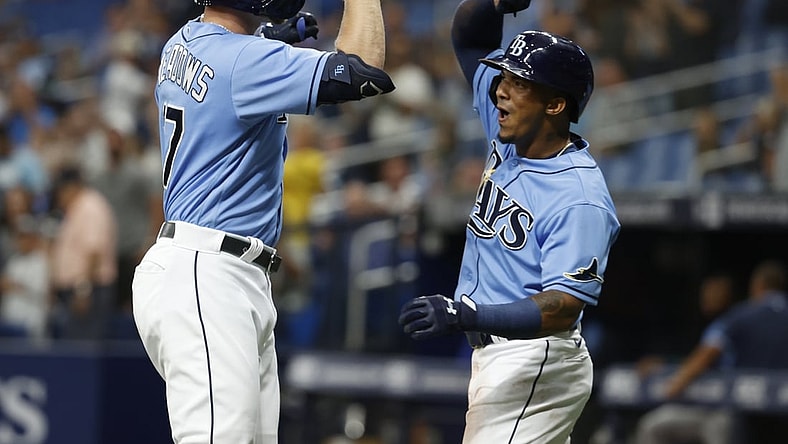Jun 23, 2021; St. Petersburg, Florida, USA;  Tampa Bay Rays designated hitter Austin Meadows (17) is congratulated  by infielder Wander Franco (5) after he hits a two-run home run during the first inning against the Boston Red Sox at Tropicana Field. Mandatory Credit: Kim Klement-USA TODAY Sports