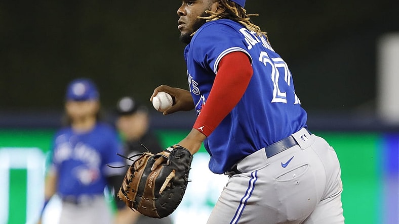Jun 23, 2021; Miami, Florida, USA; Toronto Blue Jays designated hitter Vladimir Guerrero Jr. (27) plays his position against the Miami Marlins during the first inning at loanDepot Park. Mandatory Credit: Sam Navarro-USA TODAY Sports