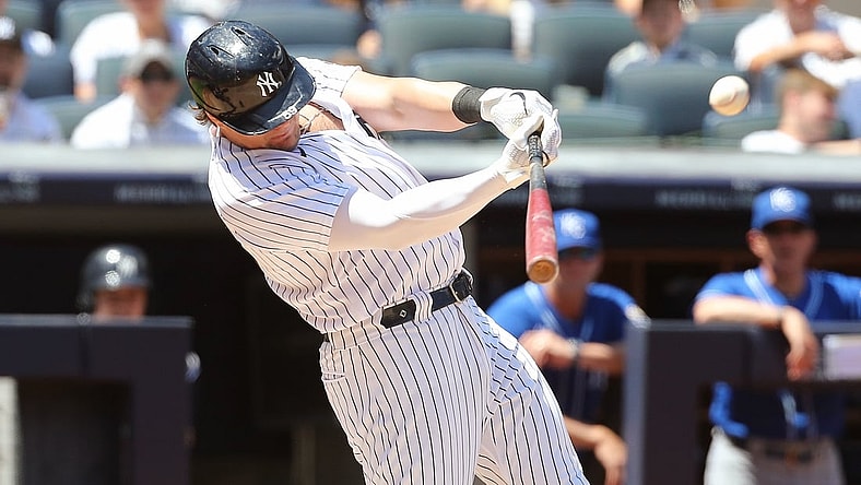 Jun 24, 2021; Bronx, New York, USA; New York Yankees first baseman Luke Voit (59) hits a solo a solo home run against Kansas City Royals during the third inning at Yankee Stadium. Mandatory Credit: Andy Marlin-USA TODAY Sports