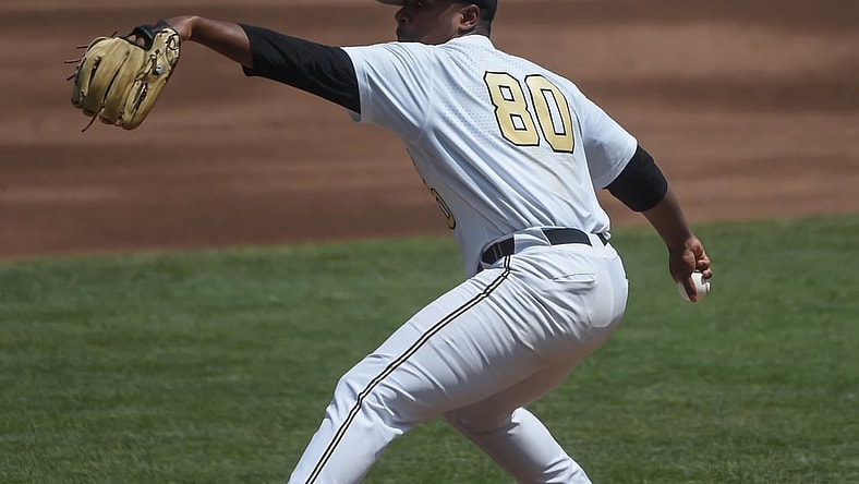 Jun 25, 2021; Omaha, Nebraska, USA; Vanderbilt Commodores starting pitcher Kumar Rocker (80) pitches in the second inning against the NC State Wolfpack at TD Ameritrade Park. Mandatory Credit: Steven Branscombe-USA TODAY Sports