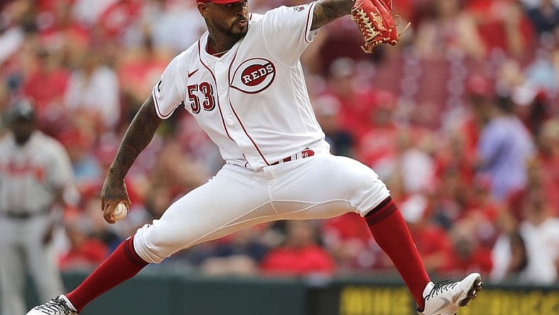Jun 25, 2021; Cincinnati, Ohio, USA; Cincinnati Reds starting pitcher Vladimir Gutierrez (53) throws a pitch against the Atlanta Braves during the first inning at Great American Ball Park. Mandatory Credit: David Kohl-USA TODAY Sports