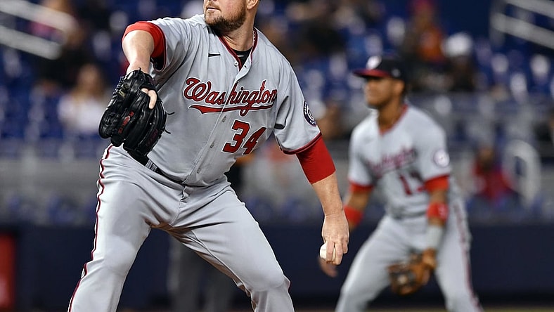 Jun 25, 2021; Miami, Florida, USA; Washington Nationals pitcher Jon Lester (34) pitches against the Miami Marlins during the first inning at loanDepot Park. Mandatory Credit: Jim Rassol-USA TODAY Sports
