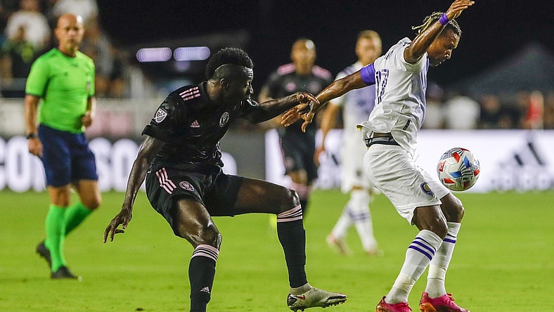 Jun 25, 2021; Fort Lauderdale, FL, USA; Orlando City SC forward Nani (17) protects the ball from Inter Miami CF midfielder Blaise Matuidi (8) during the first half at DRV PNK Stadium. Mandatory Credit: Sam Navarro-USA TODAY Sports