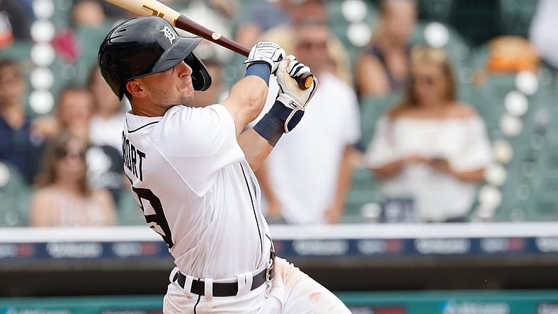 Jun 26, 2021; Detroit, Michigan, USA;  Detroit Tigers shortstop Zack Short (59) hits a two run home run in the fifth inning against the Houston Astros at Comerica Park. Mandatory Credit: Rick Osentoski-USA TODAY Sports