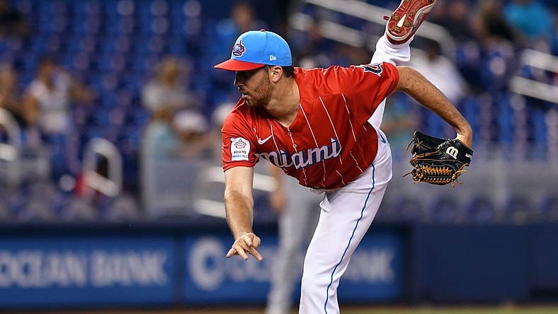 Jun 26, 2021; Miami, Florida, USA; Miami Marlins pitcher Zach Thompson (74) pitches in the second inning against the Washington Nationals at loanDepot Park. Mandatory Credit: Jim Rassol-USA TODAY Sports