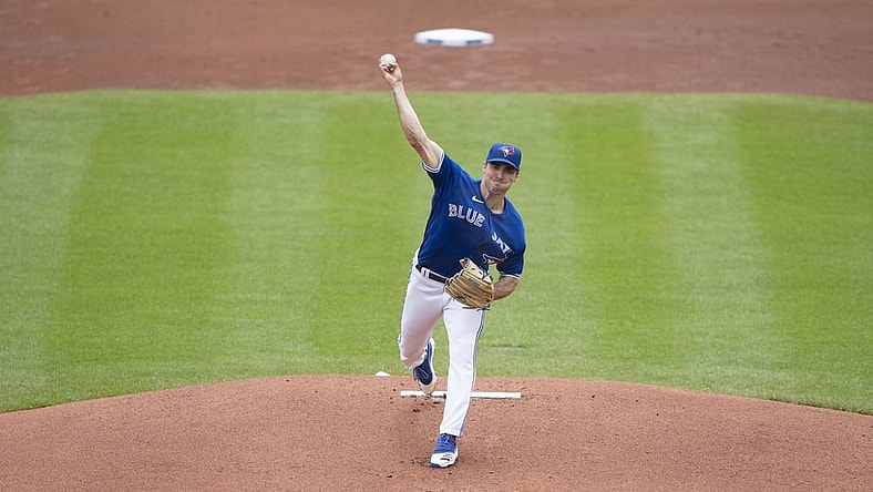 Jun 27, 2021; Buffalo, New York, CAN; Toronto Blue Jays pitcher Ross Stripling (48) delivers a pitch during the first inning against the Baltimore Orioles at Sahlen Field. Mandatory Credit: Gregory Fisher-USA TODAY Sports