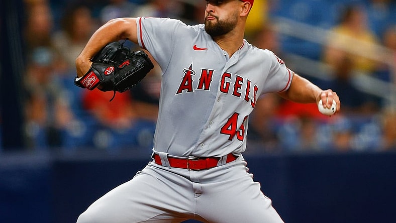 Jun 27, 2021; St. Petersburg, Florida, USA;  Los Angeles Angels starting pitcher Patrick Sandoval (43) throws a pitch in the first inning  against the Tampa Bay Rays at Tropicana Field. Mandatory Credit: Nathan Ray Seebeck-USA TODAY Sports