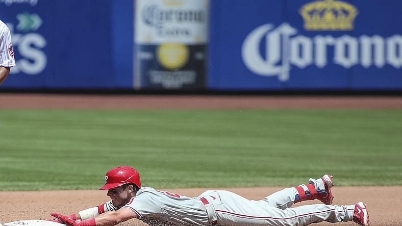 Jun 27, 2021; New York City, New York, USA; Philadelphia Phillies second baseman Nick Maton (29) slides into second base after hitting an RBI double in the third inning against the New York Mets at Citi Field. Mandatory Credit: Wendell Cruz-USA TODAY Sports
