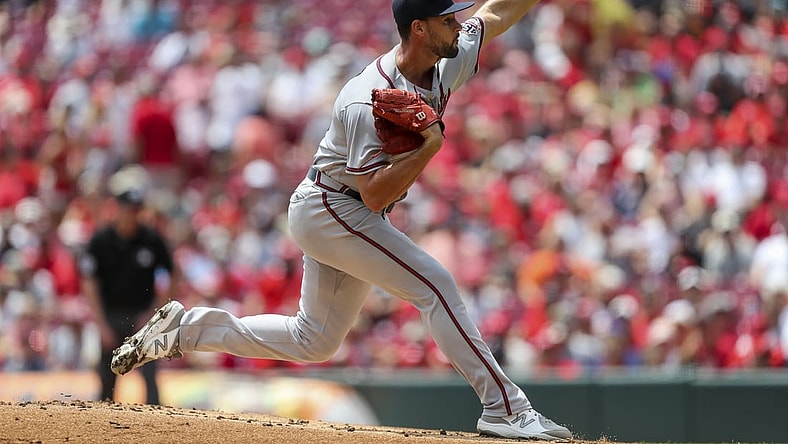 Jun 27, 2021; Cincinnati, Ohio, USA; Atlanta Braves starting pitcher Kyle Muller (66) throws a pitch against the Cincinnati Reds in the first inning at Great American Ball Park. Mandatory Credit: Katie Stratman-USA TODAY Sports