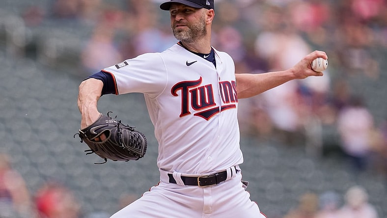 Jun 27, 2021; Minneapolis, Minnesota, USA; Minnesota Twins starting pitcher J.A. Happ (33) pitches against the Cleveland Indians in the first inning at Target Field. Mandatory Credit: Brad Rempel-USA TODAY Sports